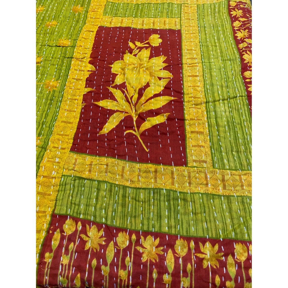Hand Stitched Kantha Quilt Reversible 100% Cotton Throw Floral Green Blue